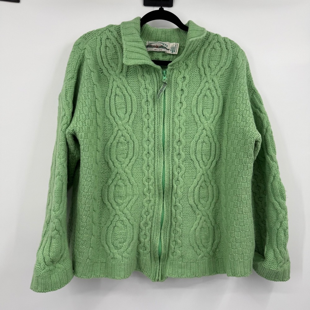 Aran Crafts Cardigan Sweater Large Green Ireland Merino Wool Cable Knit Zip